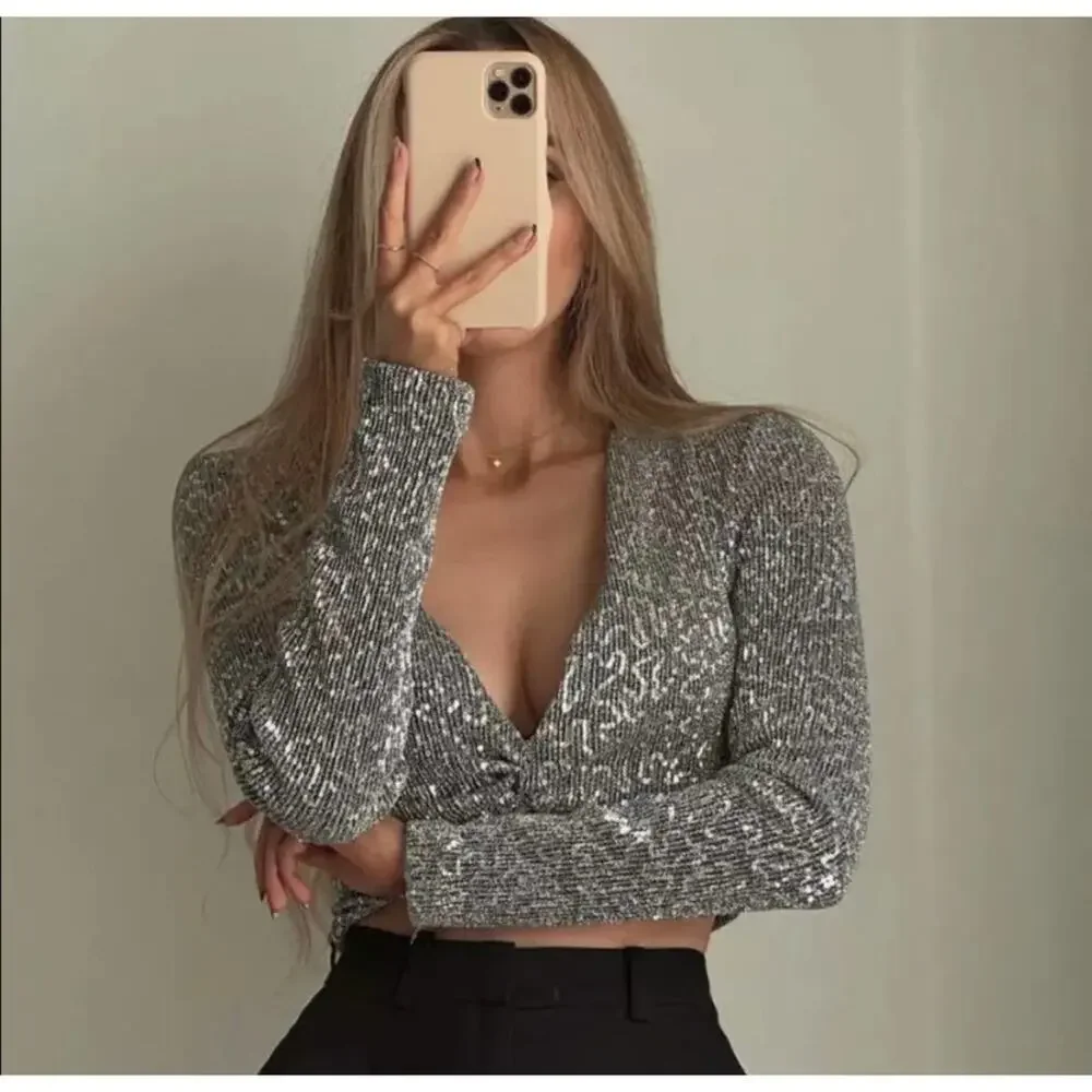 ZARA SEQUIN KNOTTED TOP SILVER